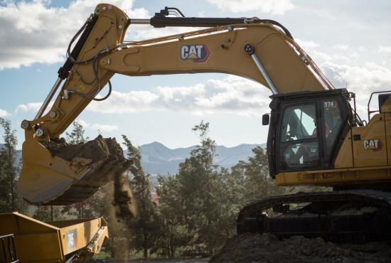 The Cat 374 hydraulic excavator's all-new cab helps make operators comfortable and productive.