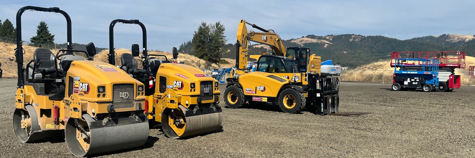 Scissor lifts, excavator, telehandler, and double drum rollers on the rental-ready line.