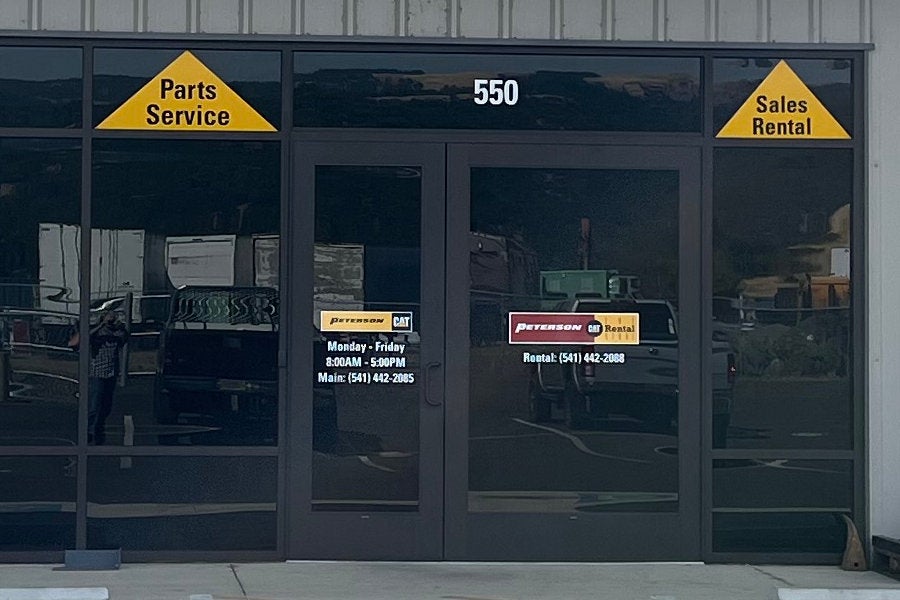 Entrance to Peterson Cat Roseburg for equipment sales, rentals, parts, and service.