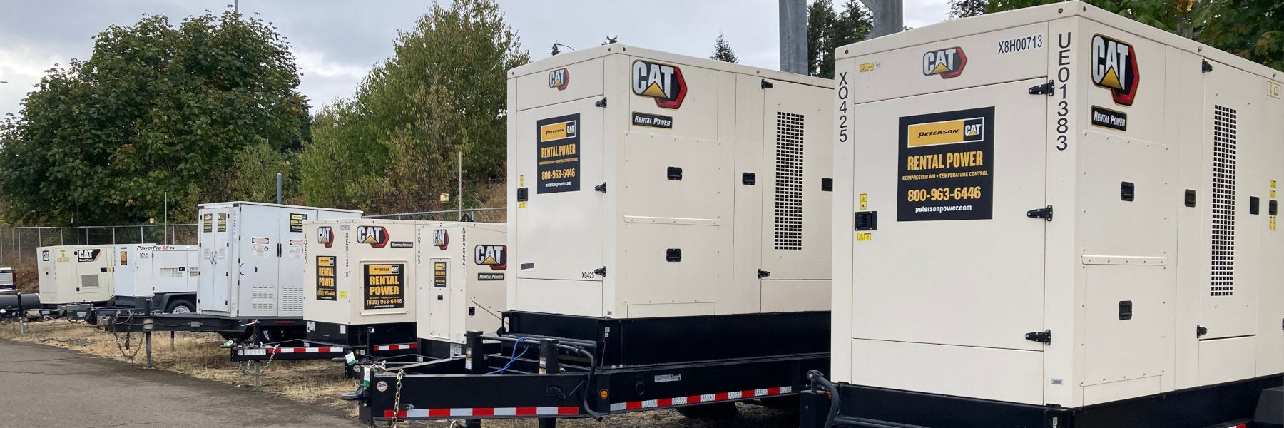 Eight Peterson Cat towable rental generators at the Eugene store ranging from 65 kW to 425 kW