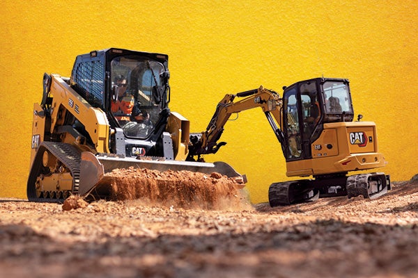 Cat compact track loader and Cat mini excavator with rubber tracks