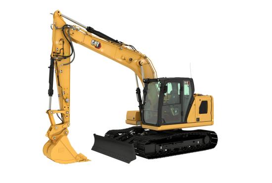 Cat 313 hydraulic excavator with bucket and blade shown on a white background.